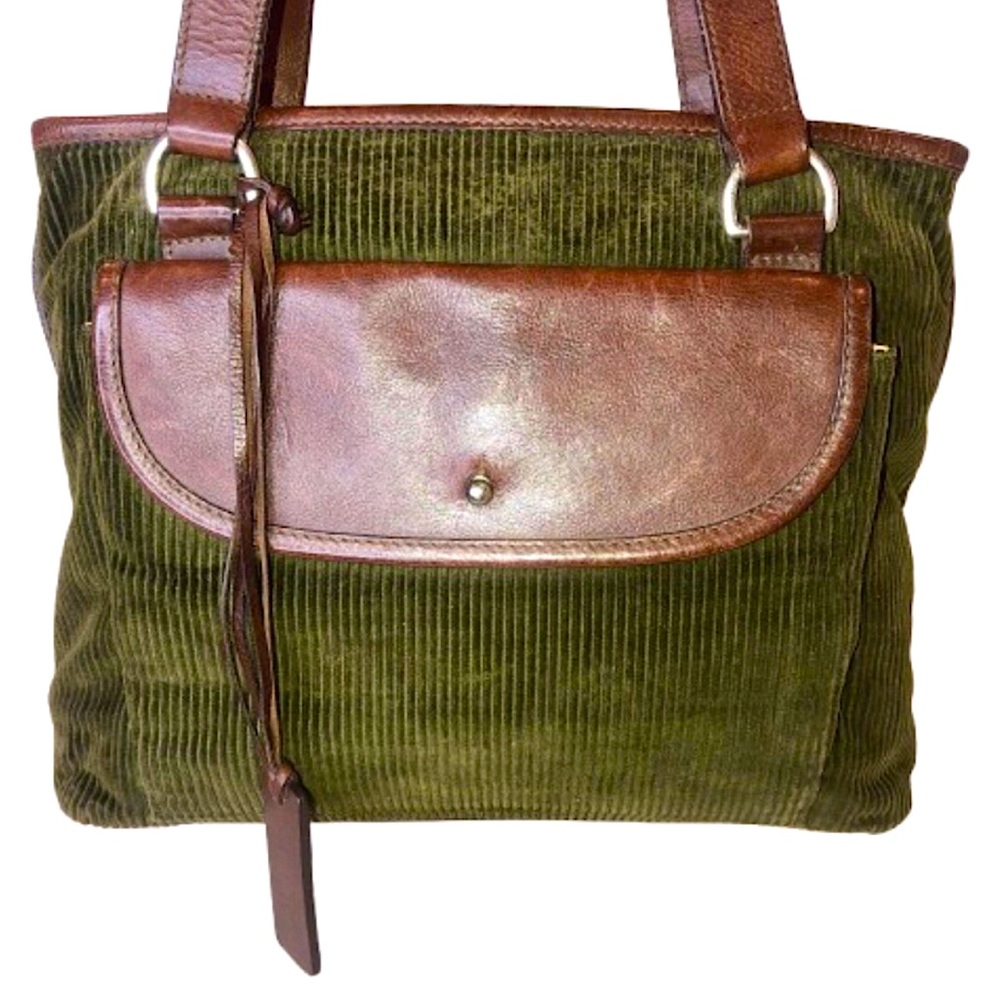 RALPH LAUREN Olive Green Corduroy Brown Leather Shoulder Bag VINTAGE